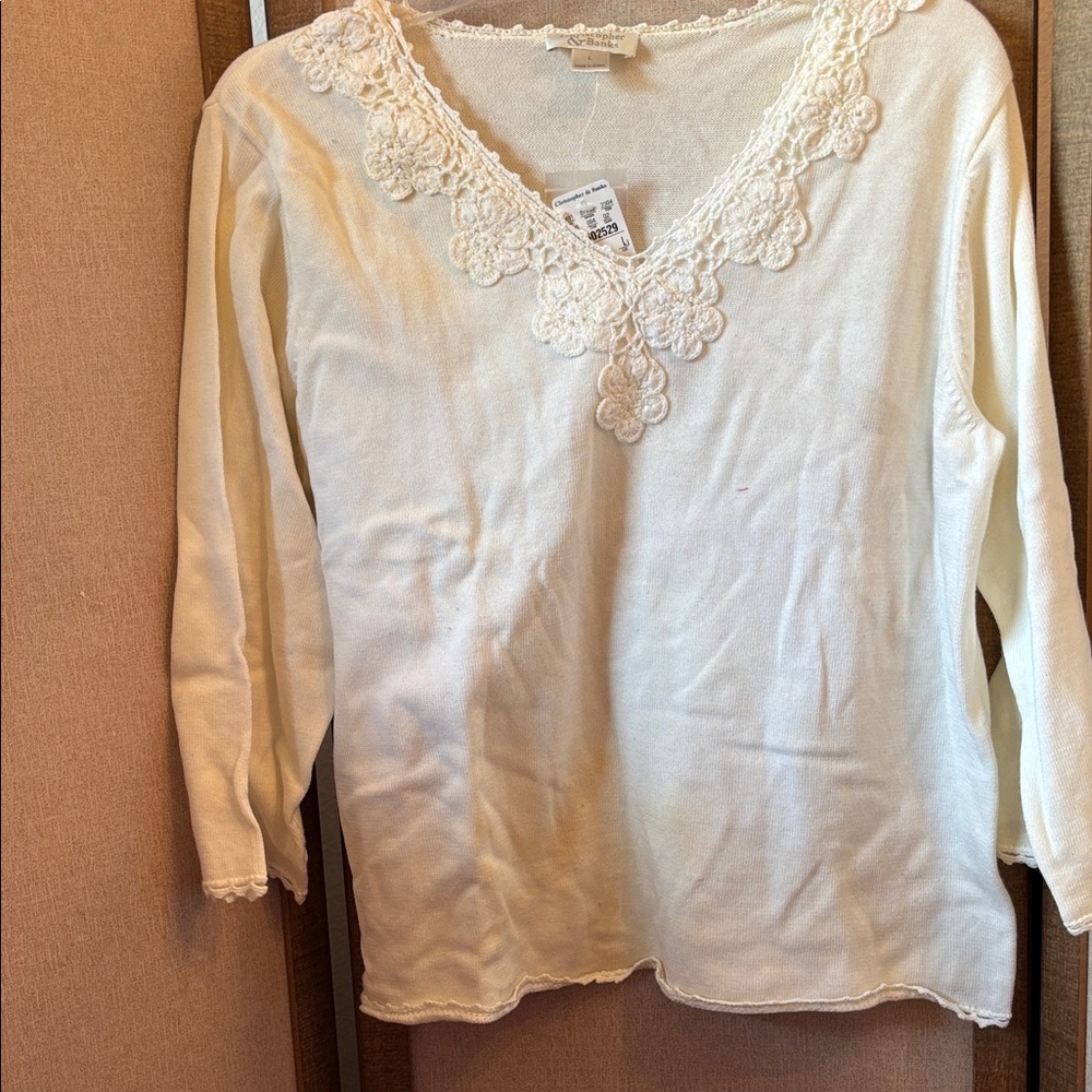 Christopher & Banks Cream Lace Detail Long Sleeve knit Top large NWT